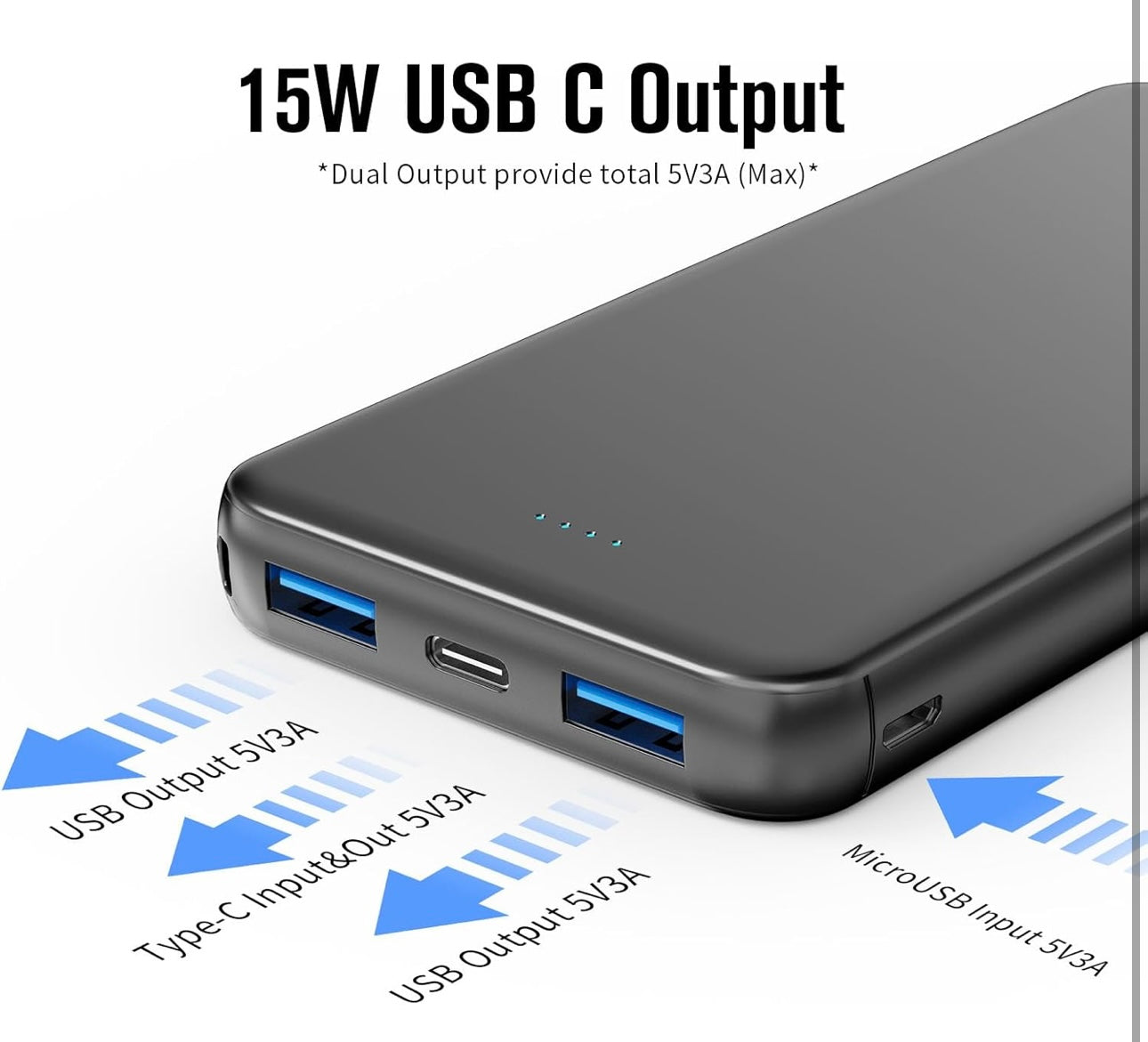 VANYUST Portable Charger, 10000mAh Power Bank with 15W Fast Charging, USB-C in&Out External Battery Pack Compatible with iPhone 15/14/13/12 Series and Android Phone