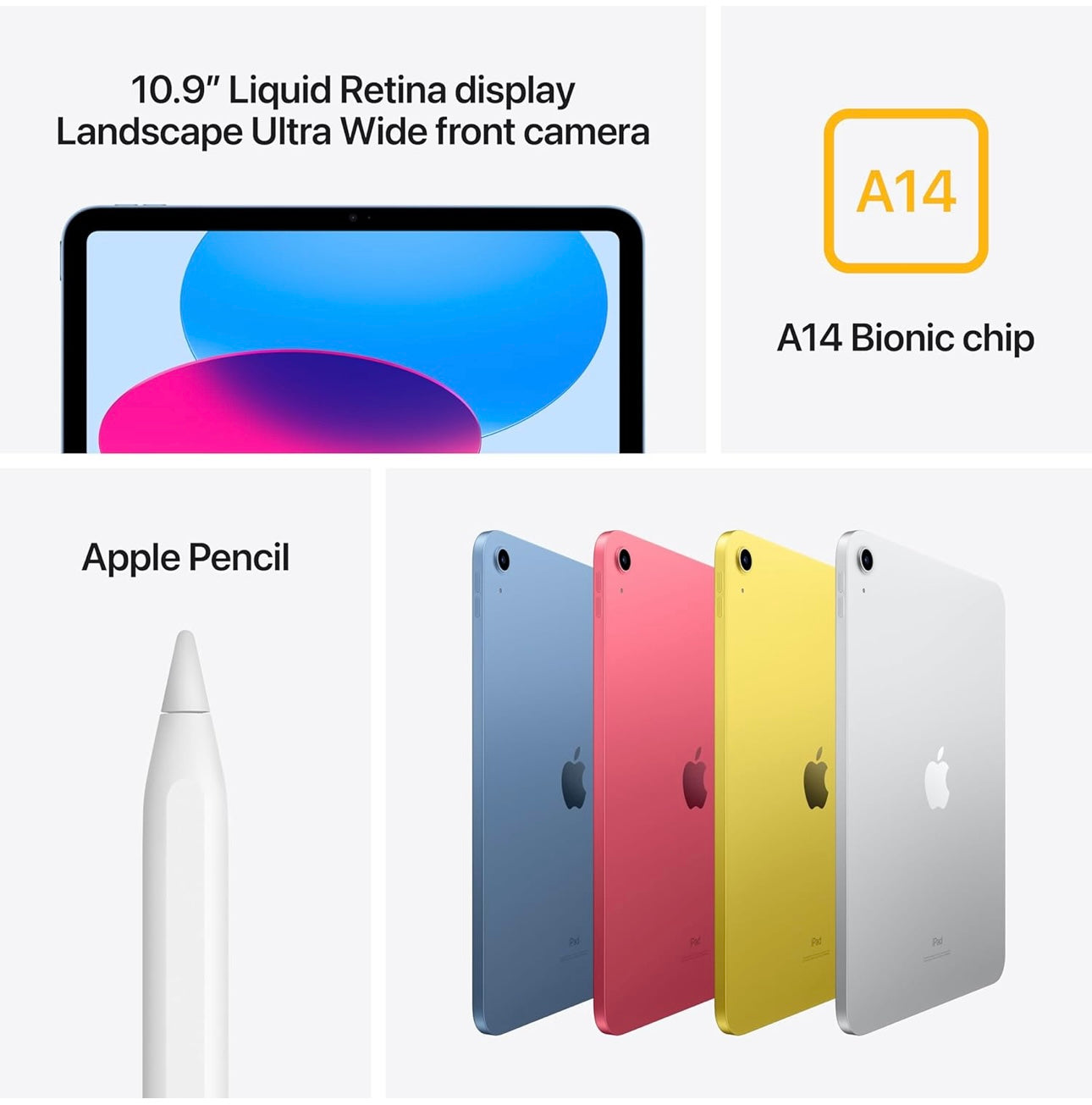 Apple iPad (10th Generation): with A14 Bionic chip, 10.9-inch Liquid Retina Display, 64GB, Wi-Fi 6, 12MP front/12MP Back Camera, Touch ID, All-Day Battery Life