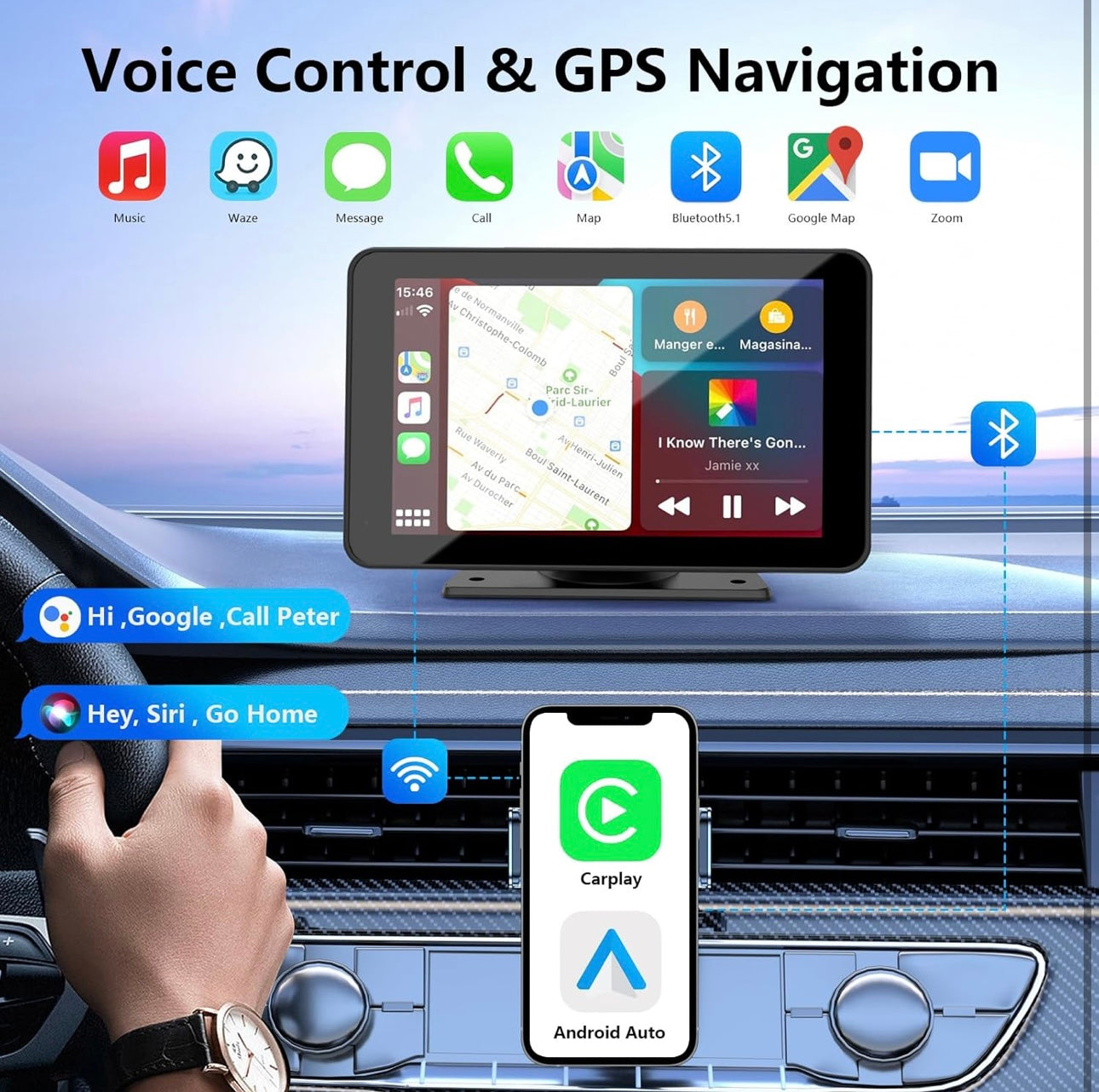 Apple Carplay Screen for Car, 7" HD Portable Car Stereo Touch Screen with Wireless Android Auto, Backup Camera, Car Audio Receivers with Voice Control, Mirror Link, Bluetooth, GPS Navigation