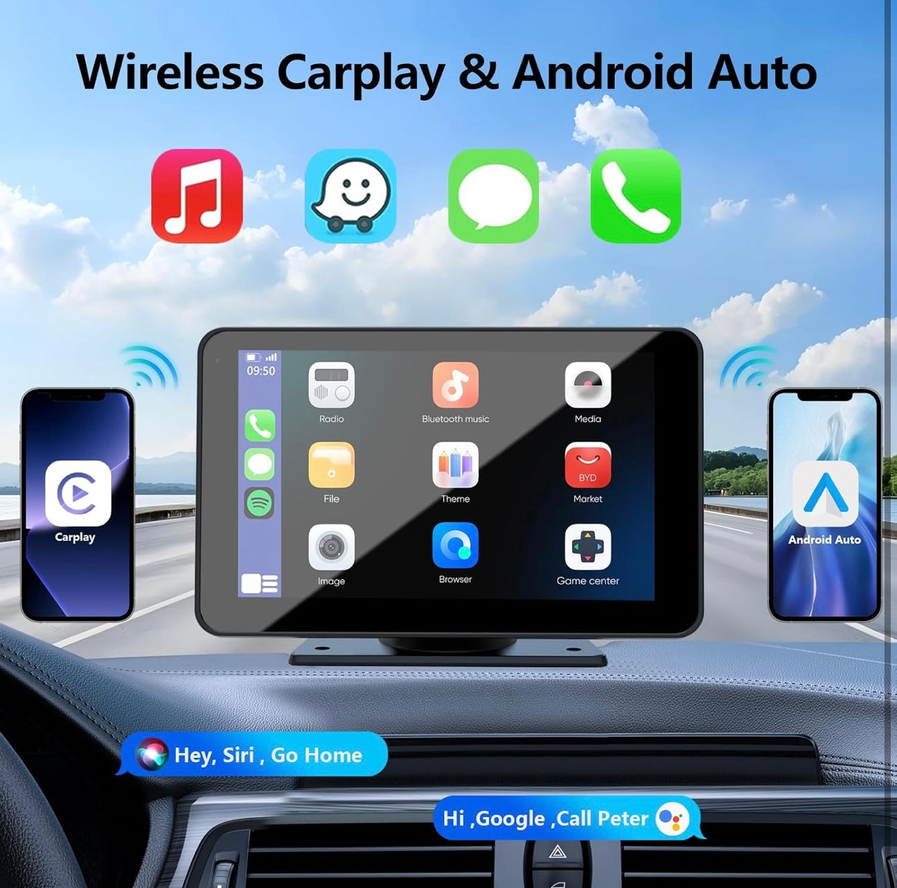 Apple Carplay Screen for Car, 7" HD Portable Car Stereo Touch Screen with Wireless Android Auto, Backup Camera, Car Audio Receivers with Voice Control, Mirror Link, Bluetooth, GPS Navigation