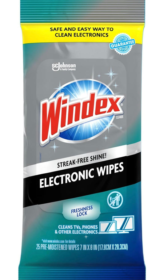 Windex Electronic Cleaning Wipes, Pre-Moistened Screen Wipes for TVs, Phones, and Other Electronics, Resalable for a Freshness Lock, 25 Count