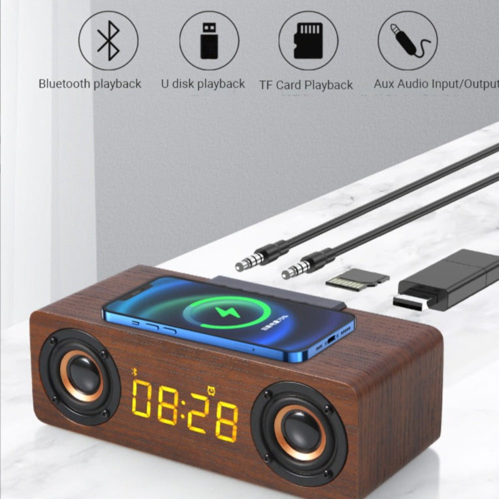 Wooden Retro Theme Wireless Charger Bluetooth Speaker Alarm Clock